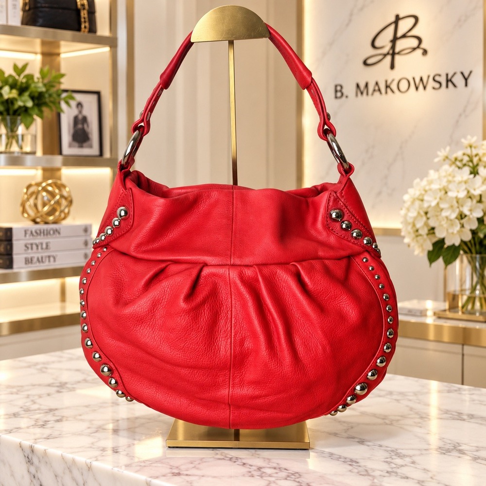 B. Makowsky Red Pebbled Leather Studded Hobo Shoulder Bag Leopard Lining